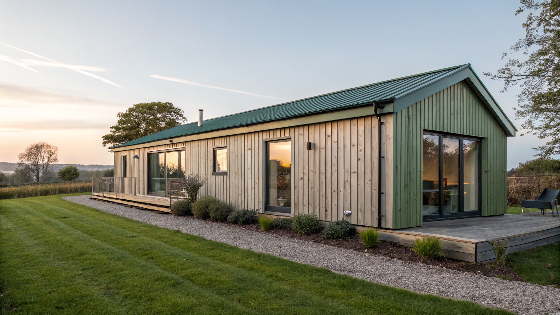 A contemporary UK modular home with timber cladding and full-height glazing