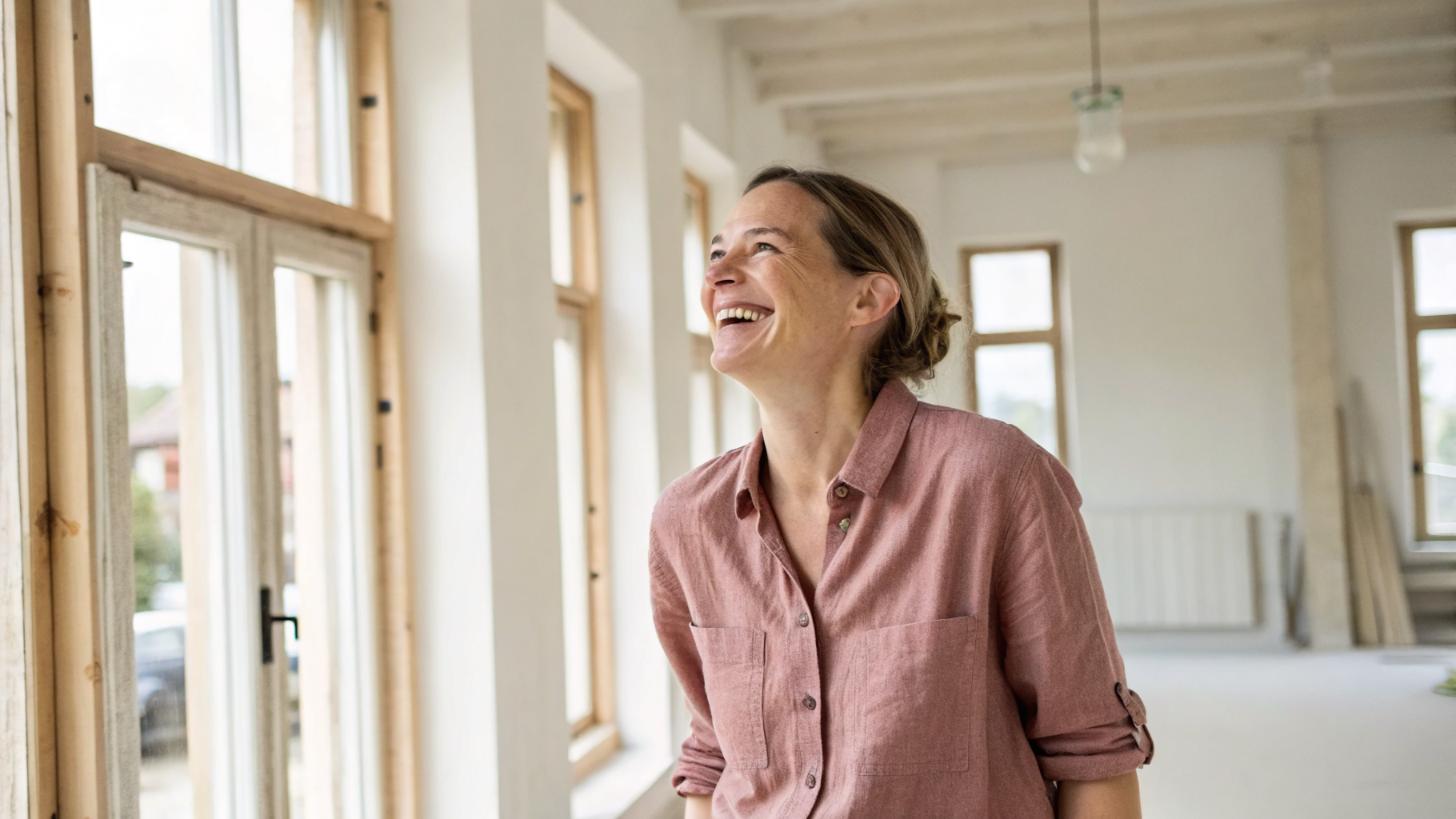 A homeowner smiling inside her newly finished modular home